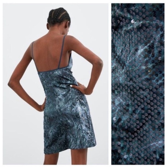 ZARA Blue Velvet Sequin Mini Dress M - Picture 3 of 7